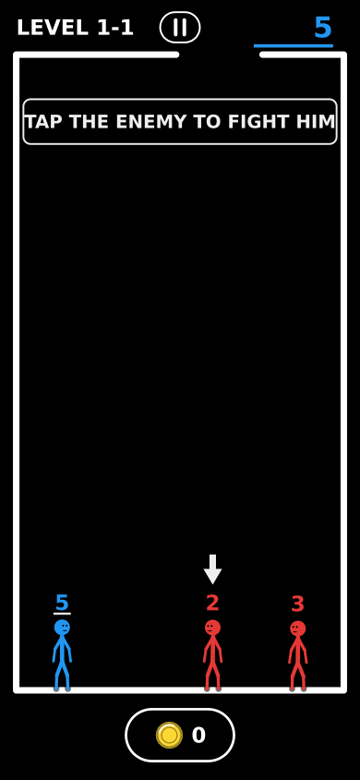 The first room: a blue stick figure numbered 5 faces red ones numbered 2 and 3