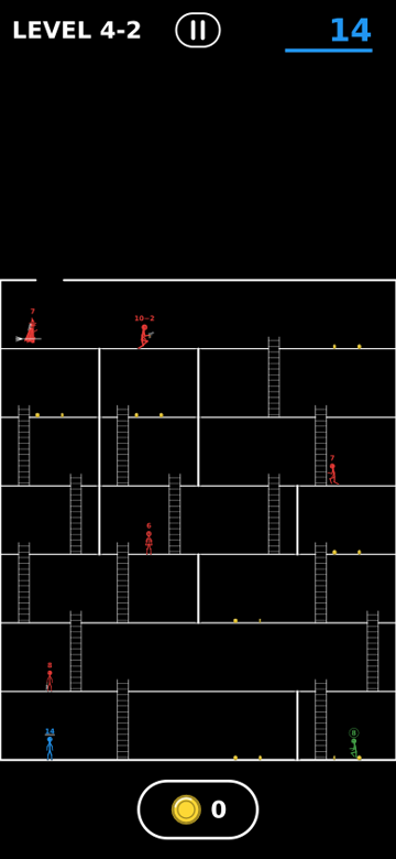 A whole maze building in world 4: ladders between its floors, red enemies along the route and the green one at the bottom
