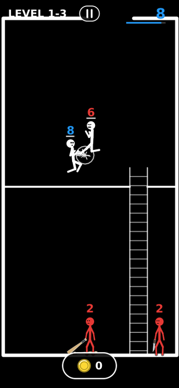 A ragdoll brawl in world 1: both fighters in the air, the player's kick landing