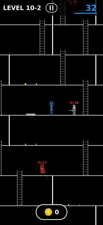 A world 10 room: a wizard, a skeleton with a laser and a ninja stand along the route